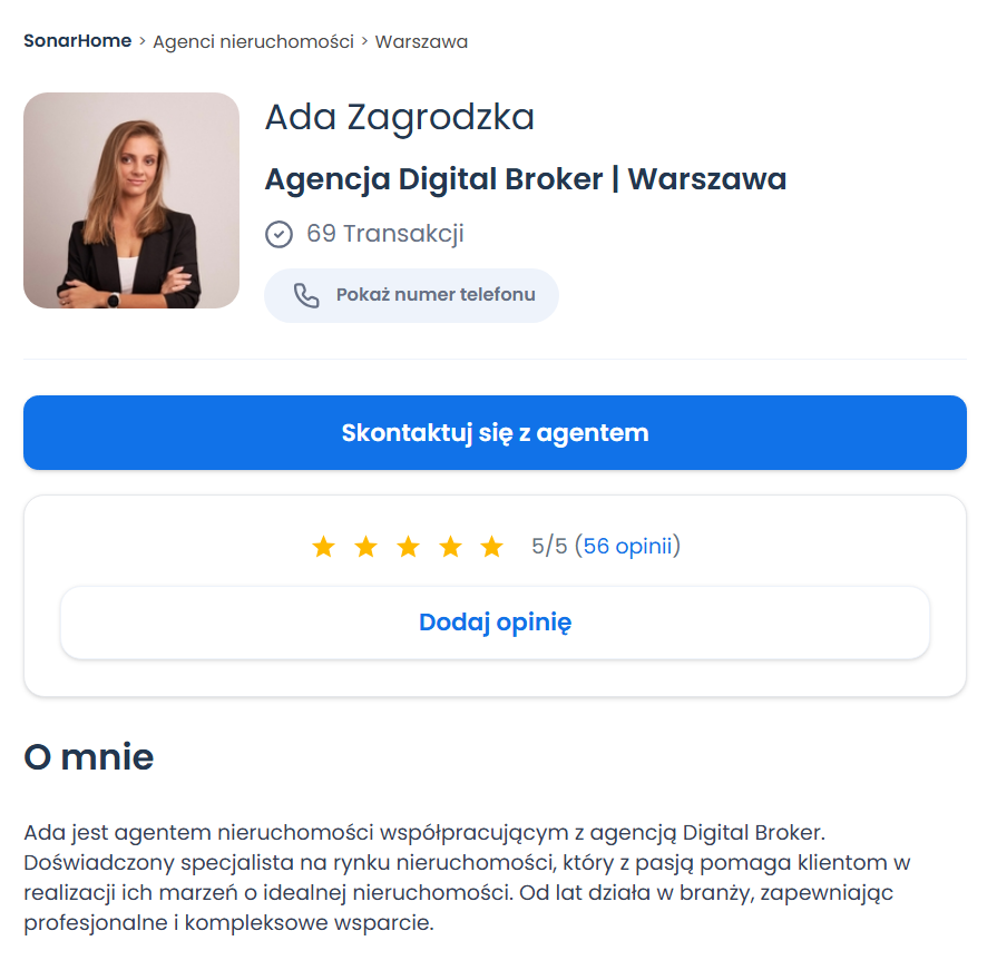 Podgląd wizytówki PRO agentki Ada Zagrodzka